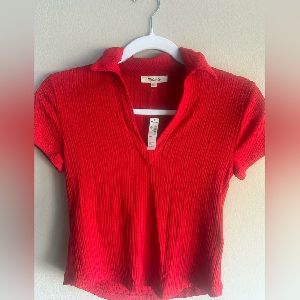 Madewell Red Ribbed V-Neck Top
